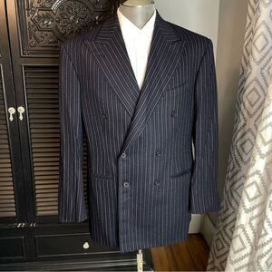 Domenico Spano Bespoke 40R Navy Blue Stripe Wool Double Breasted Peak‎ Jacket